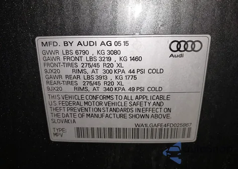 2015 Audi Q7 3.0T Premium из США, поврежденный, VIN WA1LGAFE4FD025867